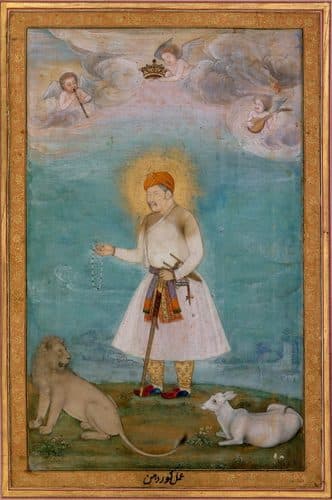 "Akbar With Lion and Calf", Folio from the Shah Jahan Albumlabel QS:Len,""Akbar With Lion and Calf", Folio from the Shah Jahan Album" — Mughal Art