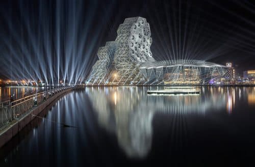 Kaohsiung Music Center and Great Tiger Bridge during 2022 Taiwan Lantern Festival — Postmodern Art